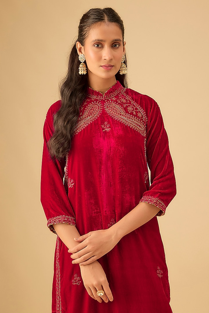 Red Silk Velvet Zari Hand Embroidered Kurta Set by Kalista at Pernia's Pop Up Shop