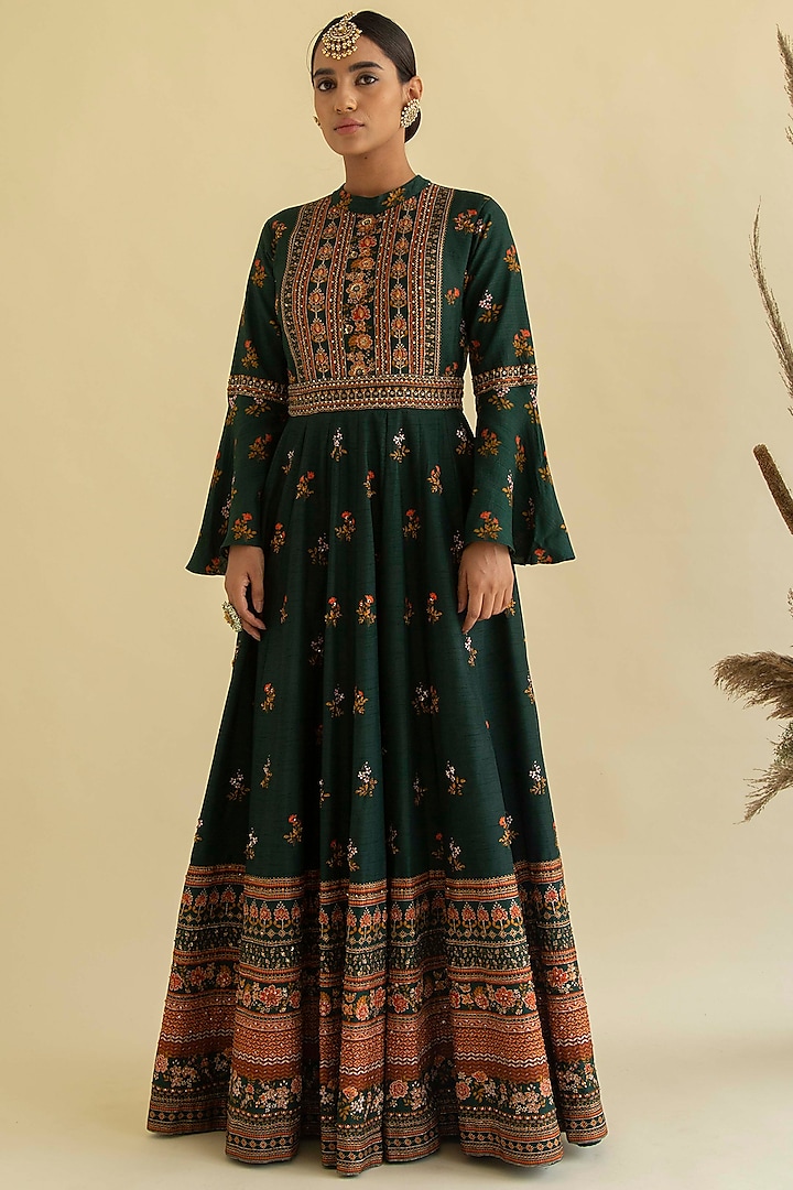 Emerald Green Embroidered Anarkali Set by Kalista