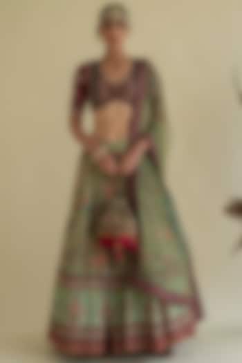 Olive Green Silk Embroidered Lehenga Set by Kalista