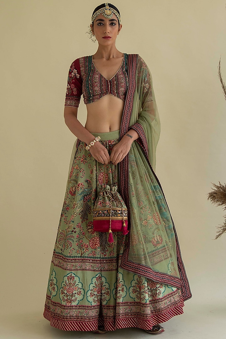 Olive Green Embroidered Lehenga Set by Kalista