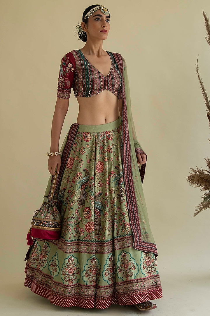 Olive Green Silk Embroidered Wedding Lehenga Set by Kalista at Pernia's Pop Up Shop