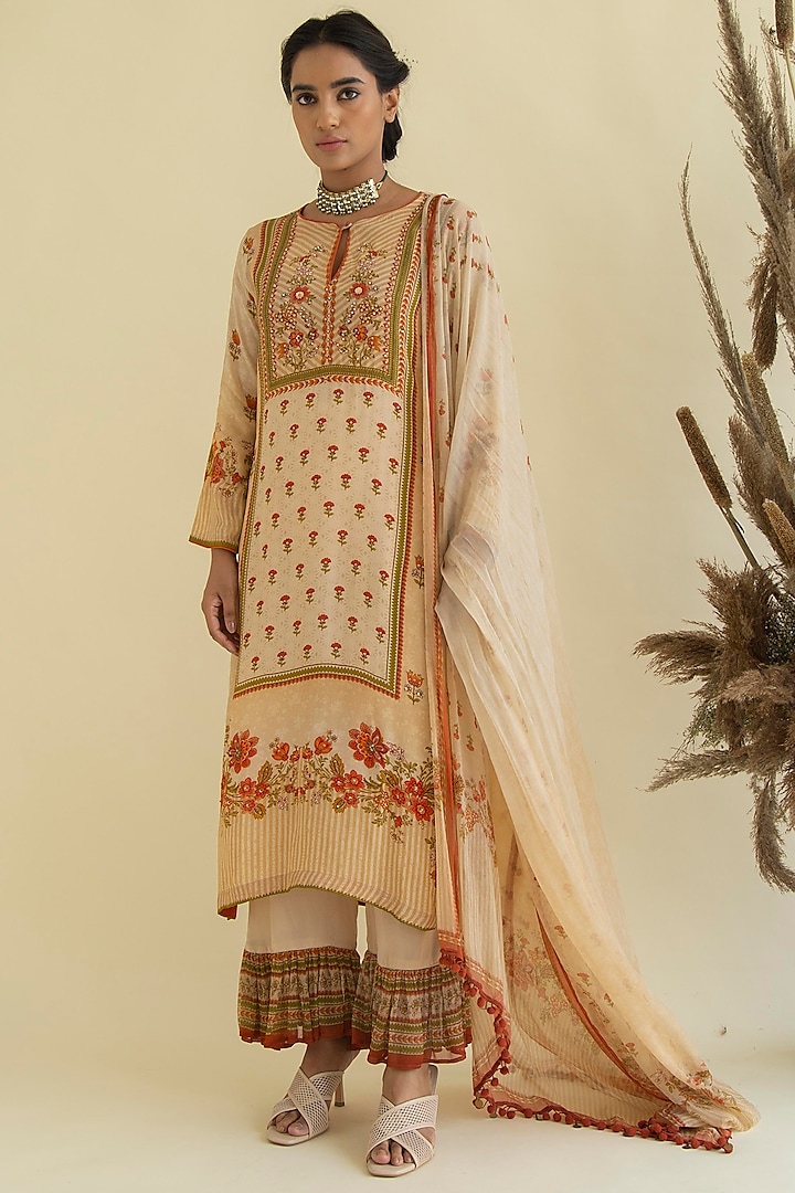 Nude Floral Printed Kurta Set by Kalista at Pernia's Pop Up Shop