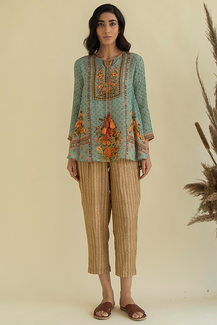 Turquoise Floral Printed Tunic Set by Kalista at Pernia's Pop Up Shop