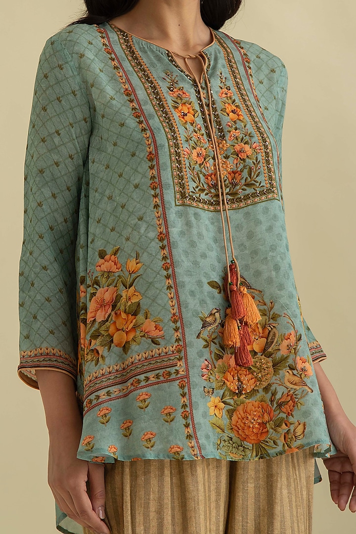 Turquoise Floral Printed Tunic Set by Kalista