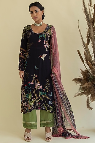Maroon & Olive Green Printed Kurta Set by Kalista