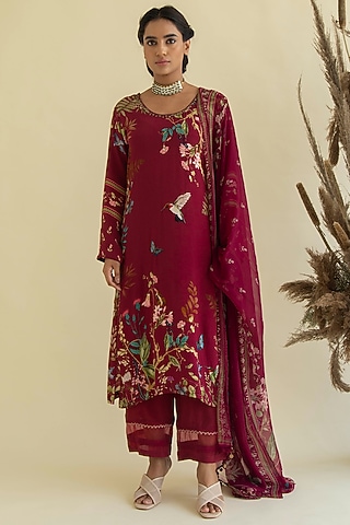 Wine Printed Kurta Set by Kalista