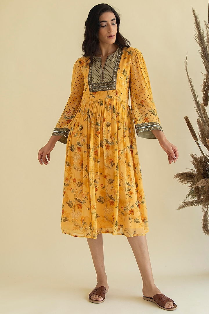 Yellow Printed & Embroidered Tunic by Kalista