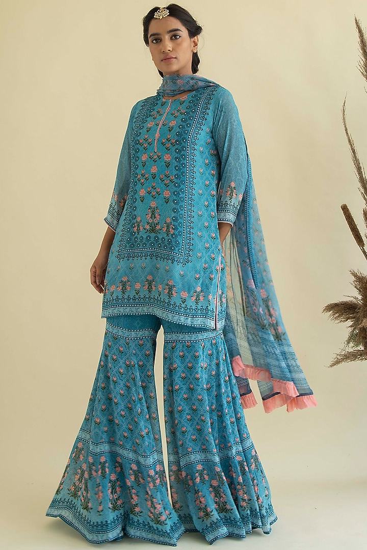 Turquoise Printed & Embroidered Kurta Set by Kalista at Pernia's Pop Up Shop