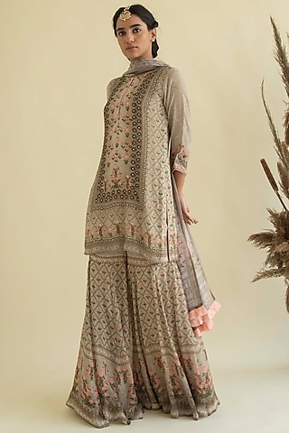 Beige Printed & Embroidered Kurta Set by Kalista