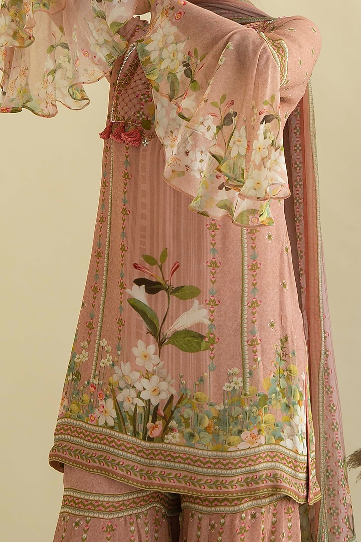 Peach Printed & Embroidered Kurta Set by Kalista at Pernia's Pop Up Shop