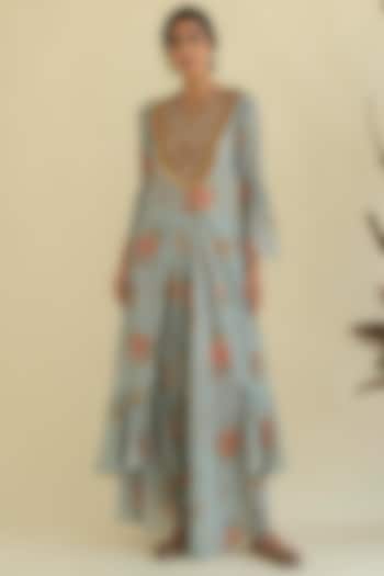 Powder Blue Printed & Embroidered Dress With Pants by Kalista