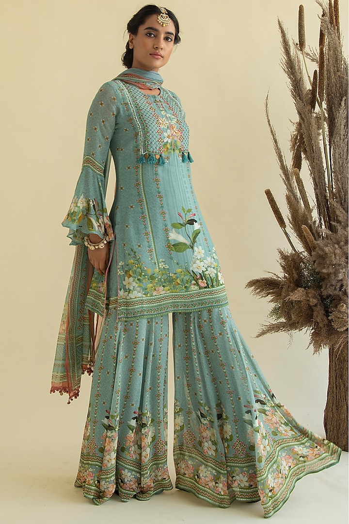 Sky Blue Viscose Georgette Printed Gharara Set by Kalista at Pernia's Pop Up Shop