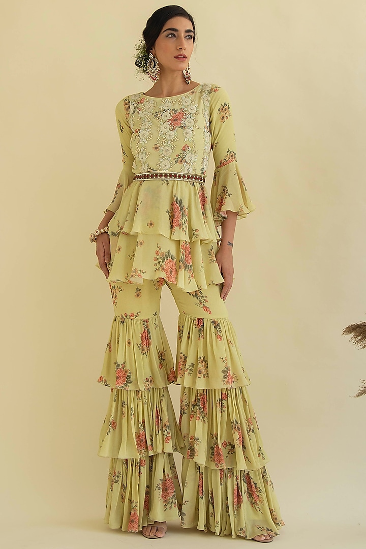 Lime Printed & Embroidered Gharara Set by Kalista