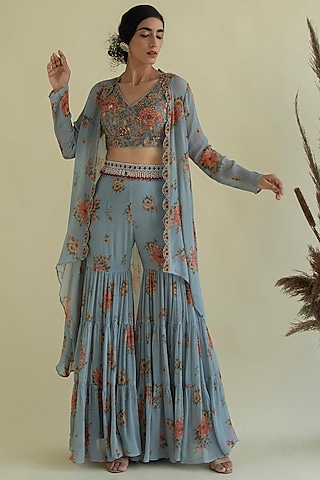 Aqua Blue Viscose Floral Printed Gharara Set by Kalista
