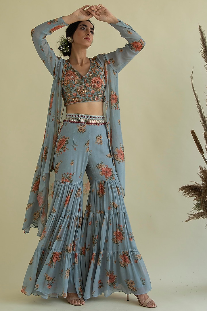 Aqua Blue Viscose Floral Printed Gharara Set by Kalista at Pernia's Pop Up Shop
