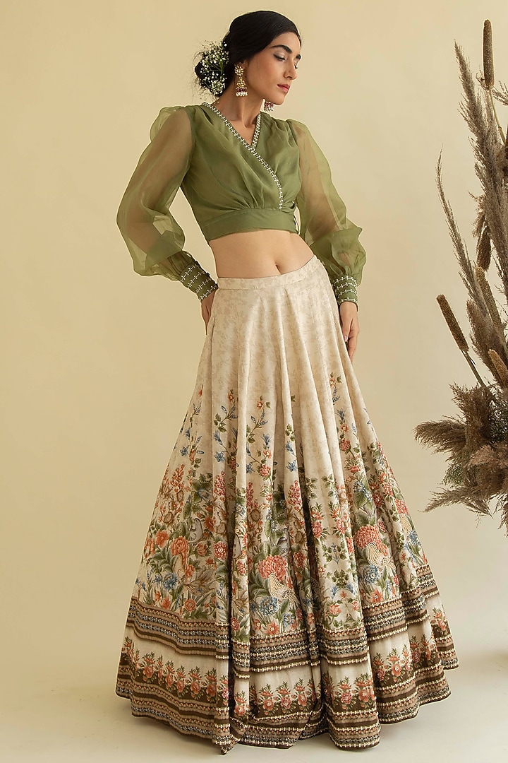 Olive Green & White Printed Wedding Lehenga Set by Kalista at Pernia's Pop Up Shop