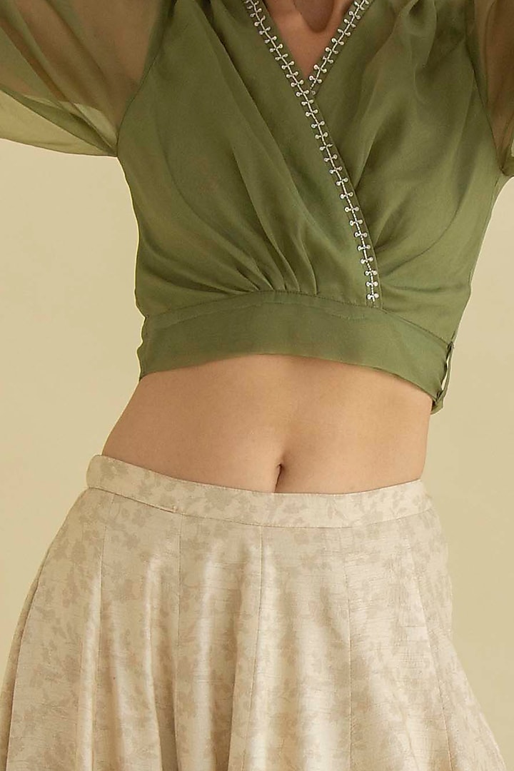 Olive Green & White Printed Wedding Lehenga Set by Kalista at Pernia's Pop Up Shop