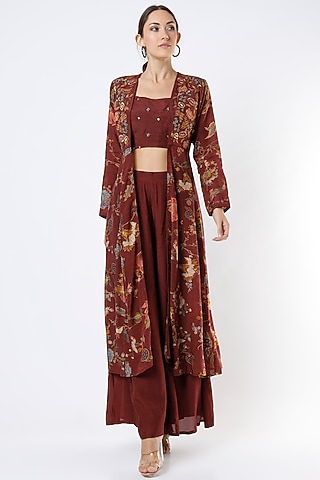 Maroon Floral Printed Jacket Set by Kalista