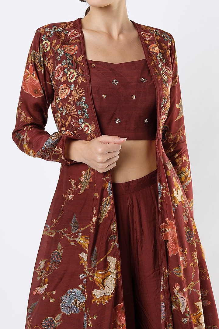 Maroon Floral Printed Jacket Set by Kalista at Pernia's Pop Up Shop