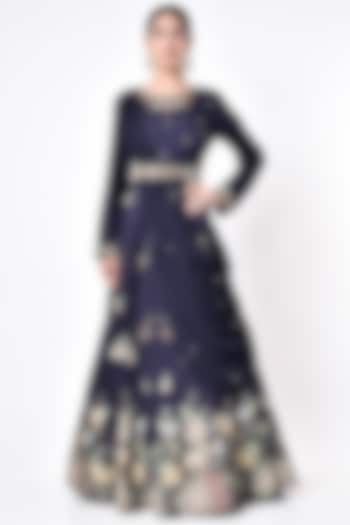 Midnight Blue Embroidered Engagement Gown With Draped Dupatta by Kalista at Pernia's Pop Up Shop
