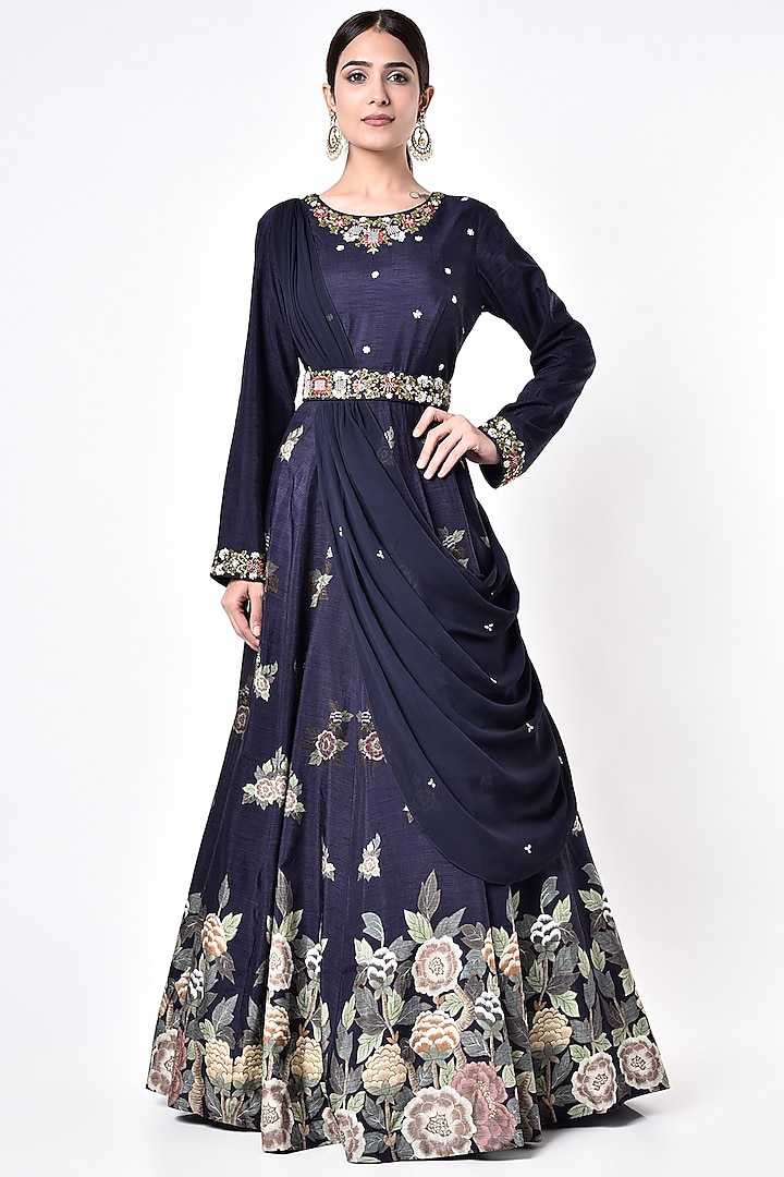 Midnight Blue Embroidered Engagement Gown With Draped Dupatta by Kalista at Pernia's Pop Up Shop