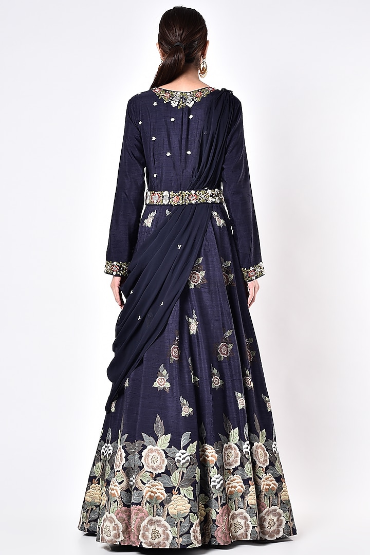 Midnight Blue Embroidered Engagement Gown With Draped Dupatta by Kalista at Pernia's Pop Up Shop