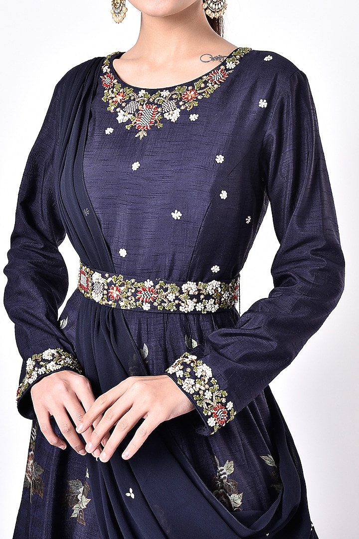 Midnight Blue Embroidered Engagement Gown With Draped Dupatta by Kalista at Pernia's Pop Up Shop
