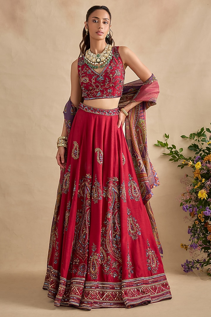 Magenta Viscose Silk Sequin Hand Embroidered Wedding Lehenga Set by Kalista at Pernia's Pop Up Shop