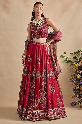 Magenta Viscose Silk Sequin Hand Embroidered Lehenga Set by Kalista