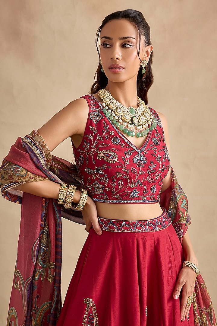 Magenta Viscose Silk Sequin Hand Embroidered Wedding Lehenga Set by Kalista at Pernia's Pop Up Shop