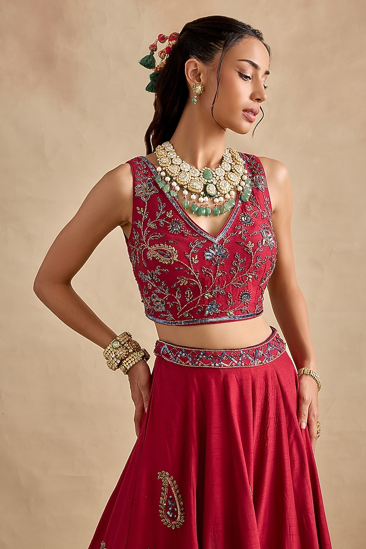 Magenta Viscose Silk Sequin Hand Embroidered Wedding Lehenga Set by Kalista at Pernia's Pop Up Shop
