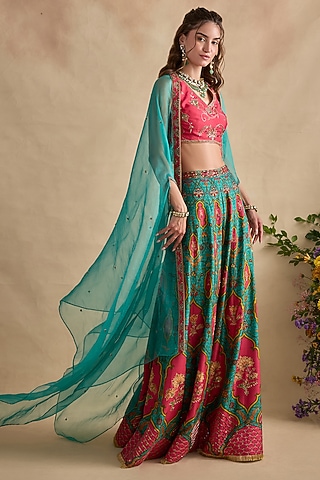 Sea Blue Viscose Silk Flared Sharara Set by Kalista