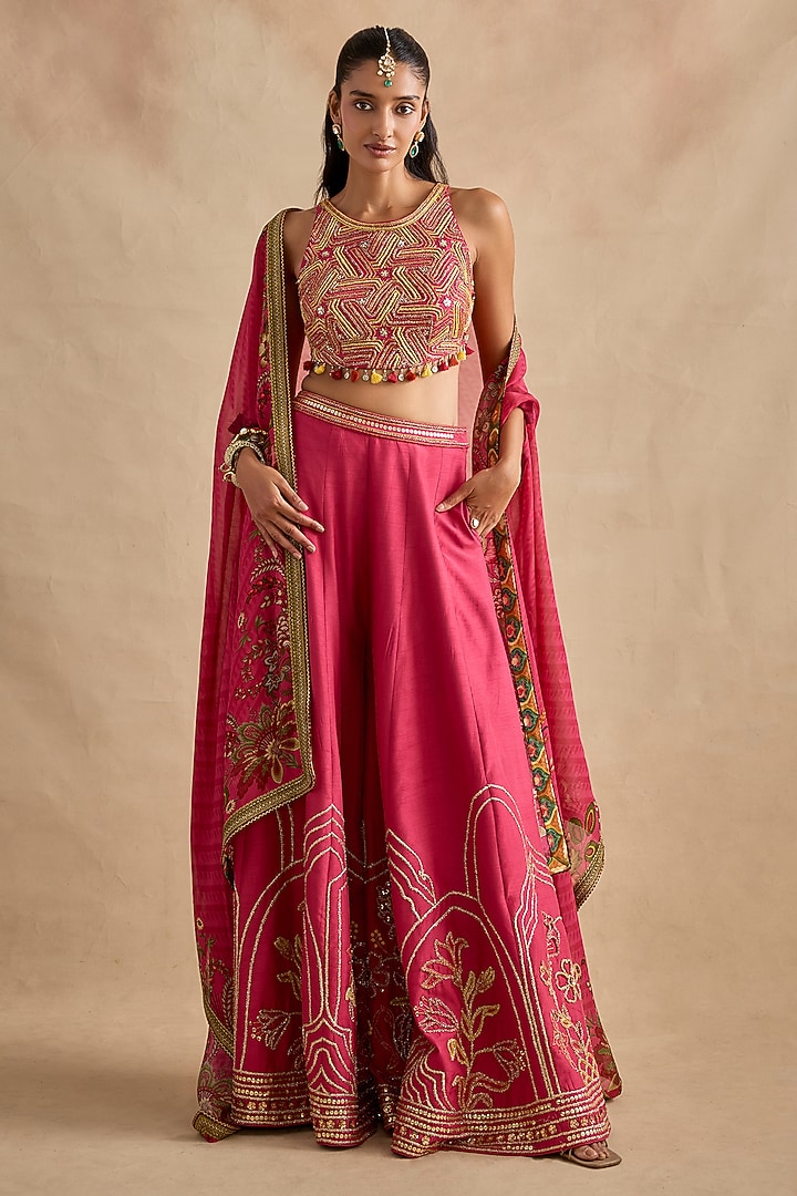 Hot Pink Viscose Silk Flared Wedding Sharara Set by Kalista at Pernia's Pop Up Shop