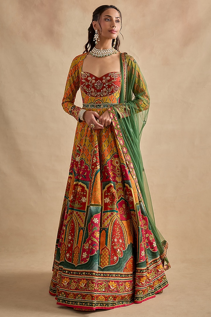 Mustard Viscose Silk Thread Hand Embroidered Wedding Anarkali Set by Kalista at Pernia's Pop Up Shop