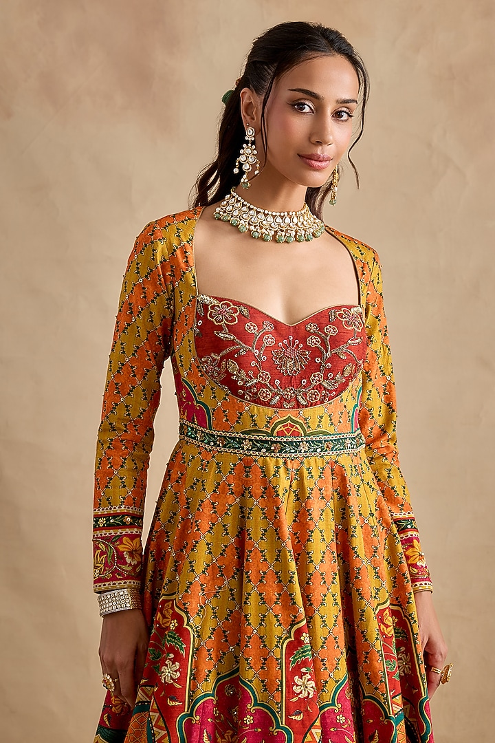 Mustard Viscose Silk Thread Hand Embroidered Wedding Anarkali Set by Kalista at Pernia's Pop Up Shop