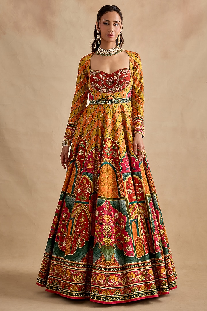 Mustard Viscose Silk Thread Hand Embroidered Wedding Anarkali Set by Kalista at Pernia's Pop Up Shop