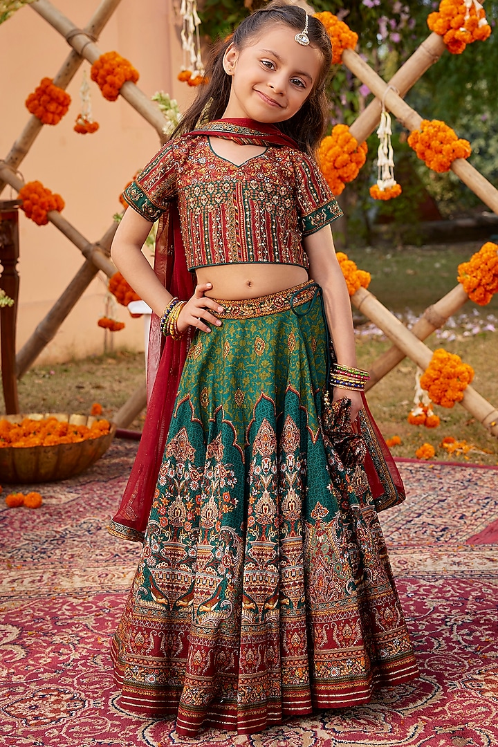 Emerald Green & Maroon Viscose Silk Floral Motifs Embroidered Lehenga Set For Girls by Kalista kids
