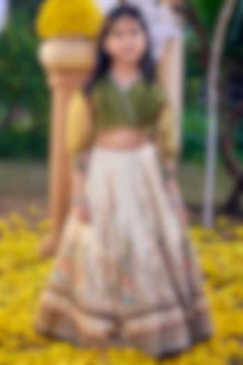 Ivory & Green Viscose Silk Lehenga Set For Girls by Kalista kids at Pernia's Pop Up Shop