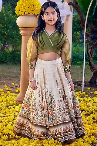 Ivory & Green Viscose Silk Lehenga Set For Girls by Kalista kids