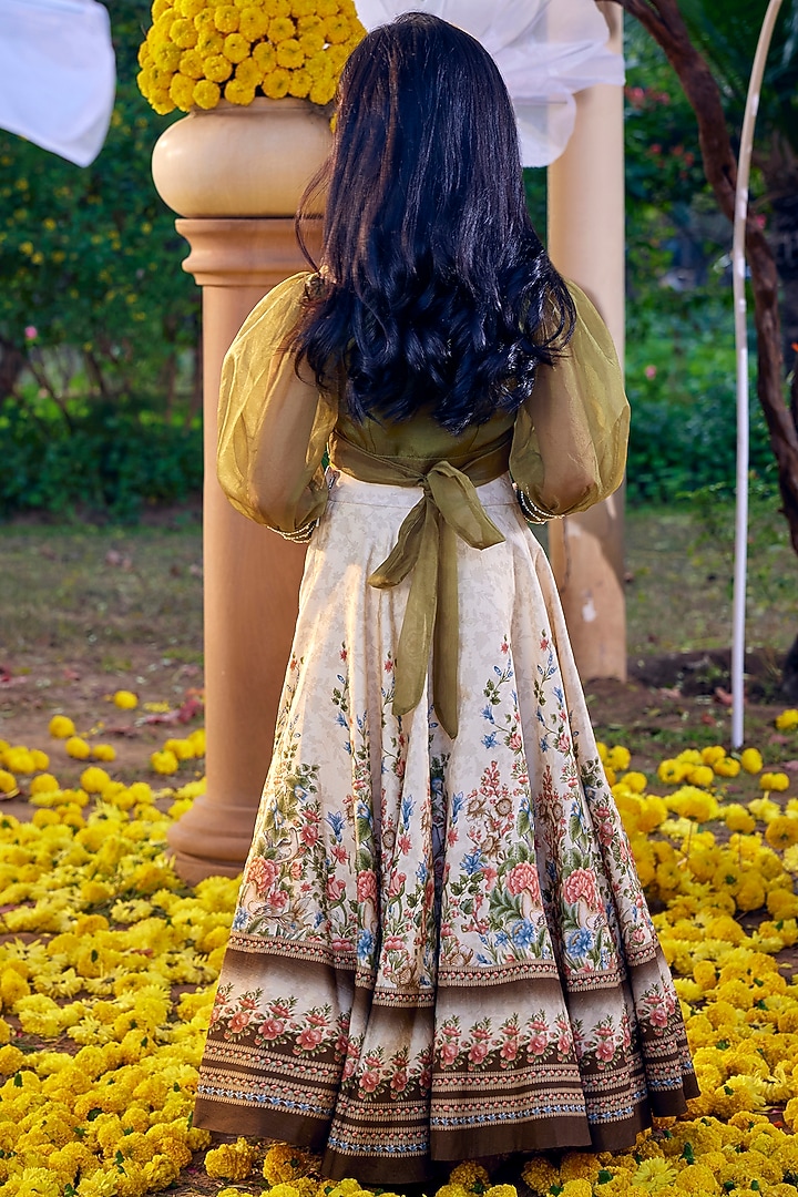 Ivory & Green Viscose Silk Lehenga Set For Girls by Kalista kids at Pernia's Pop Up Shop