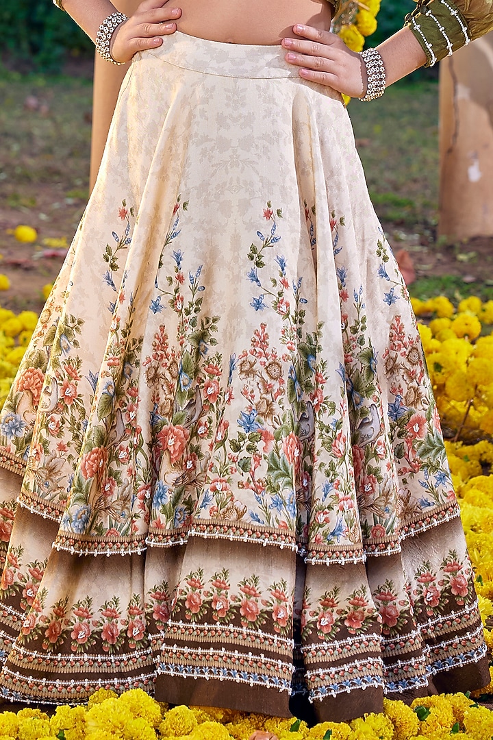 Ivory & Green Viscose Silk Lehenga Set For Girls by Kalista kids at Pernia's Pop Up Shop