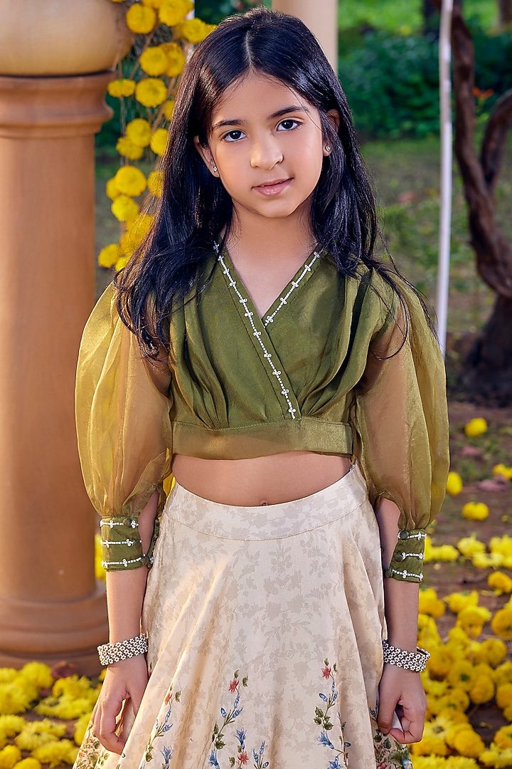 Ivory & Green Viscose Silk Lehenga Set For Girls by Kalista kids at Pernia's Pop Up Shop