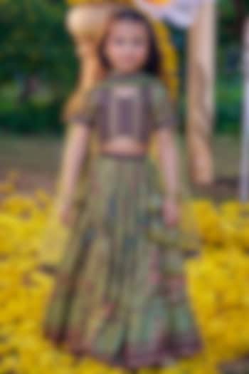 Green Viscose Silk Hand Painted & Hand Embroidered Lehenga Set For Girls by Kalista kids at Pernia's Pop Up Shop