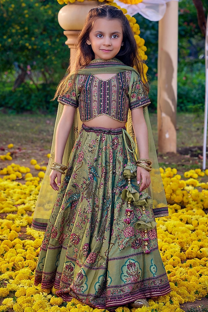 Green Viscose Silk Hand Painted & Hand Embroidered Lehenga Set For Girls by Kalista kids at Pernia's Pop Up Shop