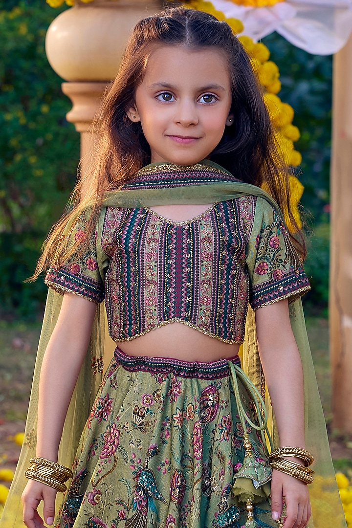 Green Viscose Silk Hand Painted & Hand Embroidered Lehenga Set For Girls by Kalista kids at Pernia's Pop Up Shop