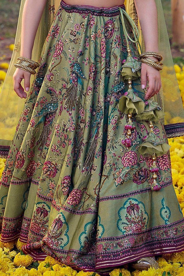 Green Viscose Silk Hand Painted & Hand Embroidered Lehenga Set For Girls by Kalista kids at Pernia's Pop Up Shop