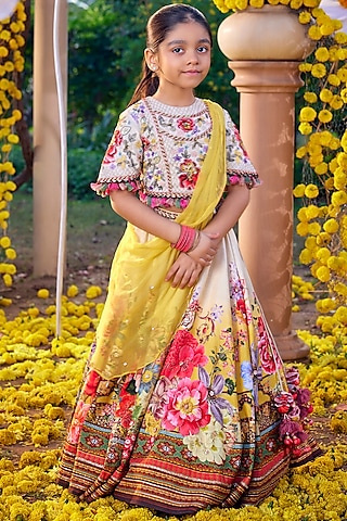 Multi-Colored Raw Silk Sequins Bead Embroidered Lehenga Set For Girls by Kalista kids