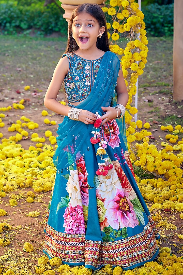 Teal Blue Raw Silk Sequins & Bead Embroidered Lehenga Set For Girls by Kalista kids