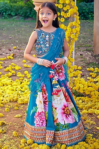 Teal Blue Raw Silk Sequins & Bead Embroidered Lehenga Set For Girls by Kalista kids