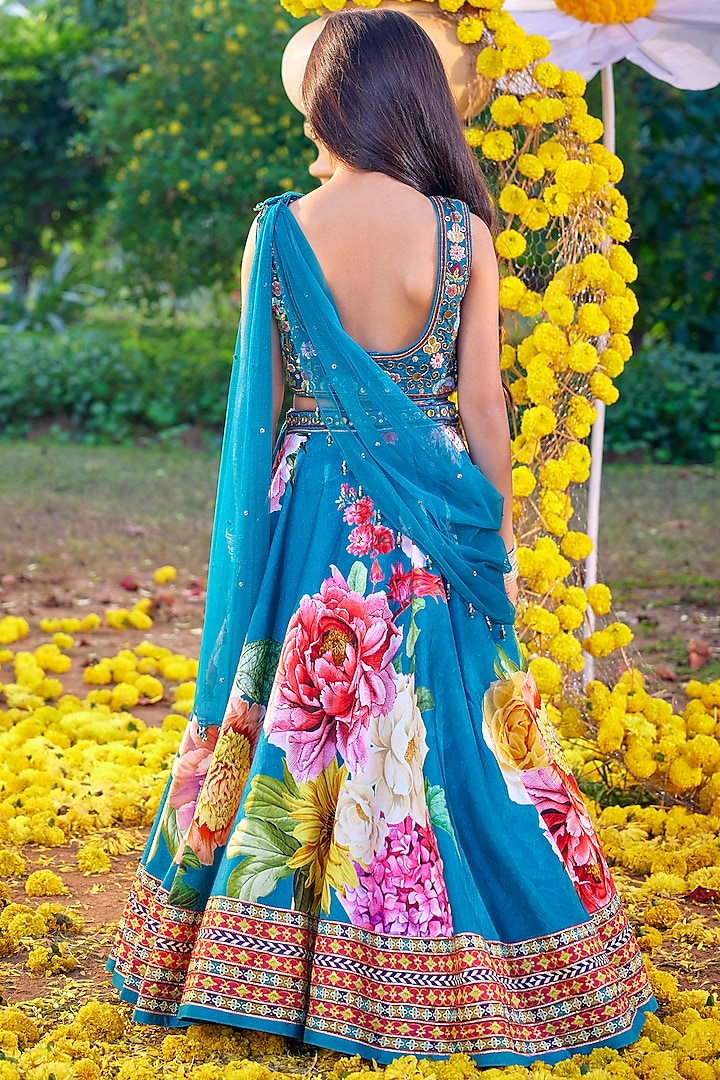 Teal Blue Raw Silk Sequins & Bead Embroidered Lehenga Set For Girls by Kalista kids at Pernia's Pop Up Shop
